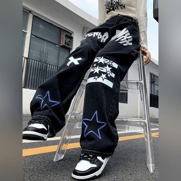 Mauv Studio Black Star Letter Graphic Cargo Jeans Size S - Picture 12 of 12